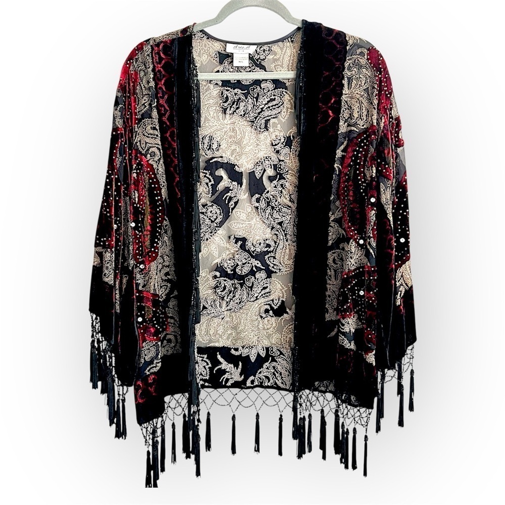 Aris burnout beaded kimono with hem tassles, open front, flowy, M/L